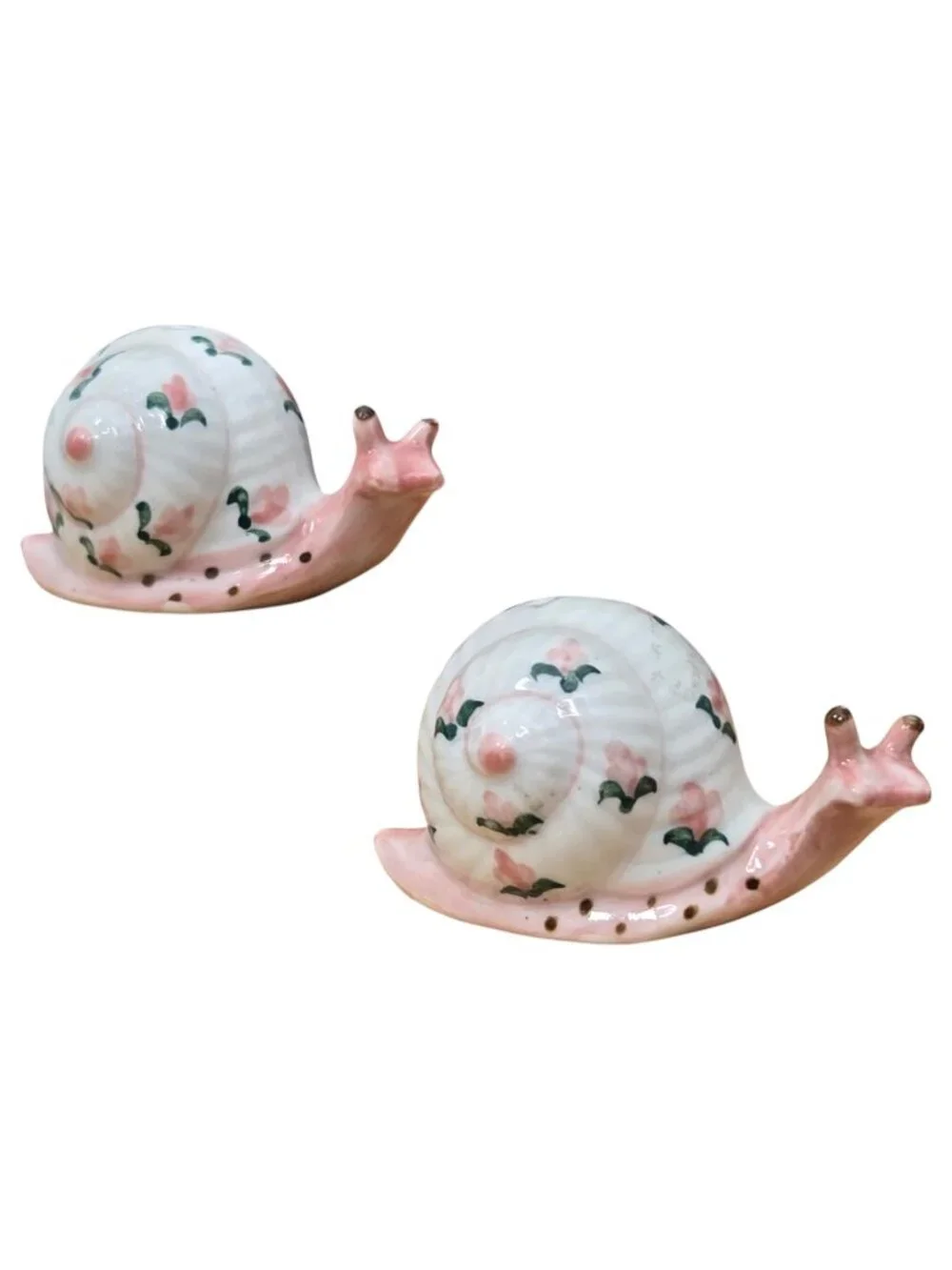 Vintage Snail Salt Pepper Shaker Set Pink Green Dots Floral Kitsch Whimsical